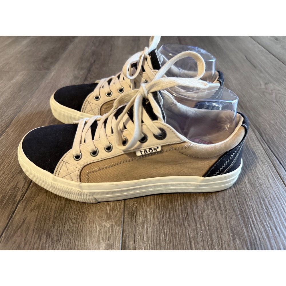Taos Plim Soul Canvas Sneakers Womens 7.5 Tan Black Low Top Lace Up Shoes